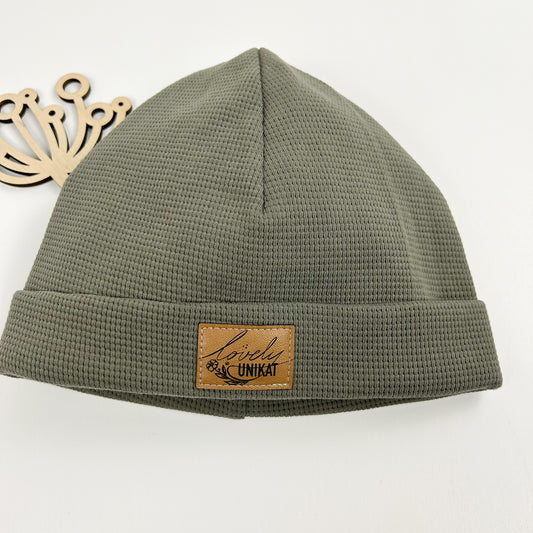 Waffelstrick Hipster Mütze Khaki mit Label lovely Unikat