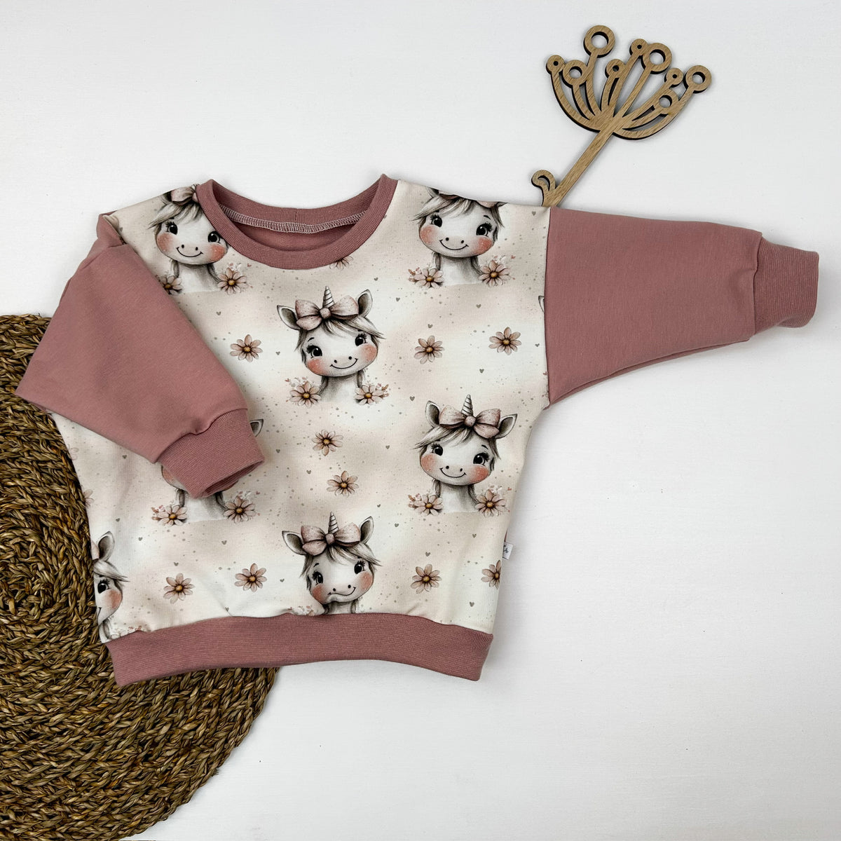 Kinder Oversize-Pullover aus Bio-Baumwolle mit Einhornprint – Rosa