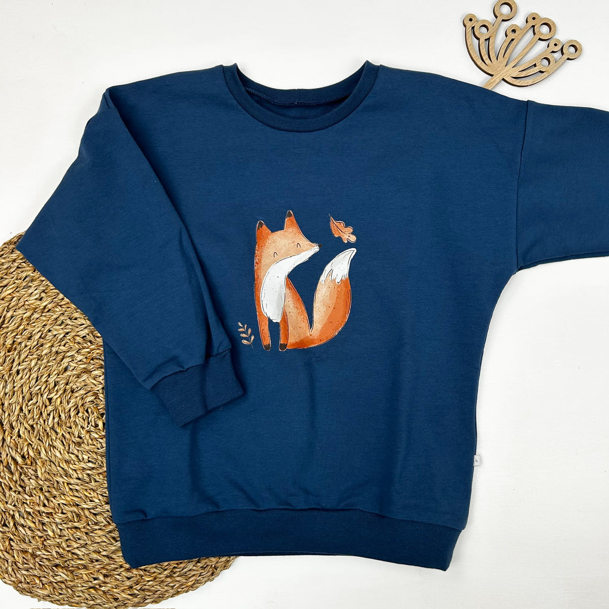 Kinder Oversize-Pullover mit Fuchsprint aus Baumwolle – Blau