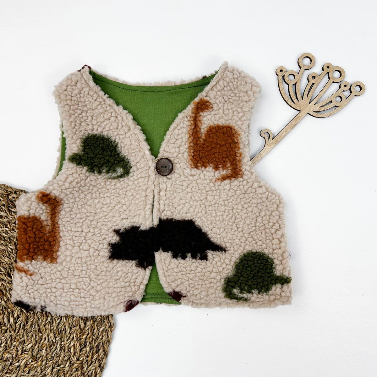 Kinder Teddyweste in Beige mit Dino-Design – Kuschelig gefüttert