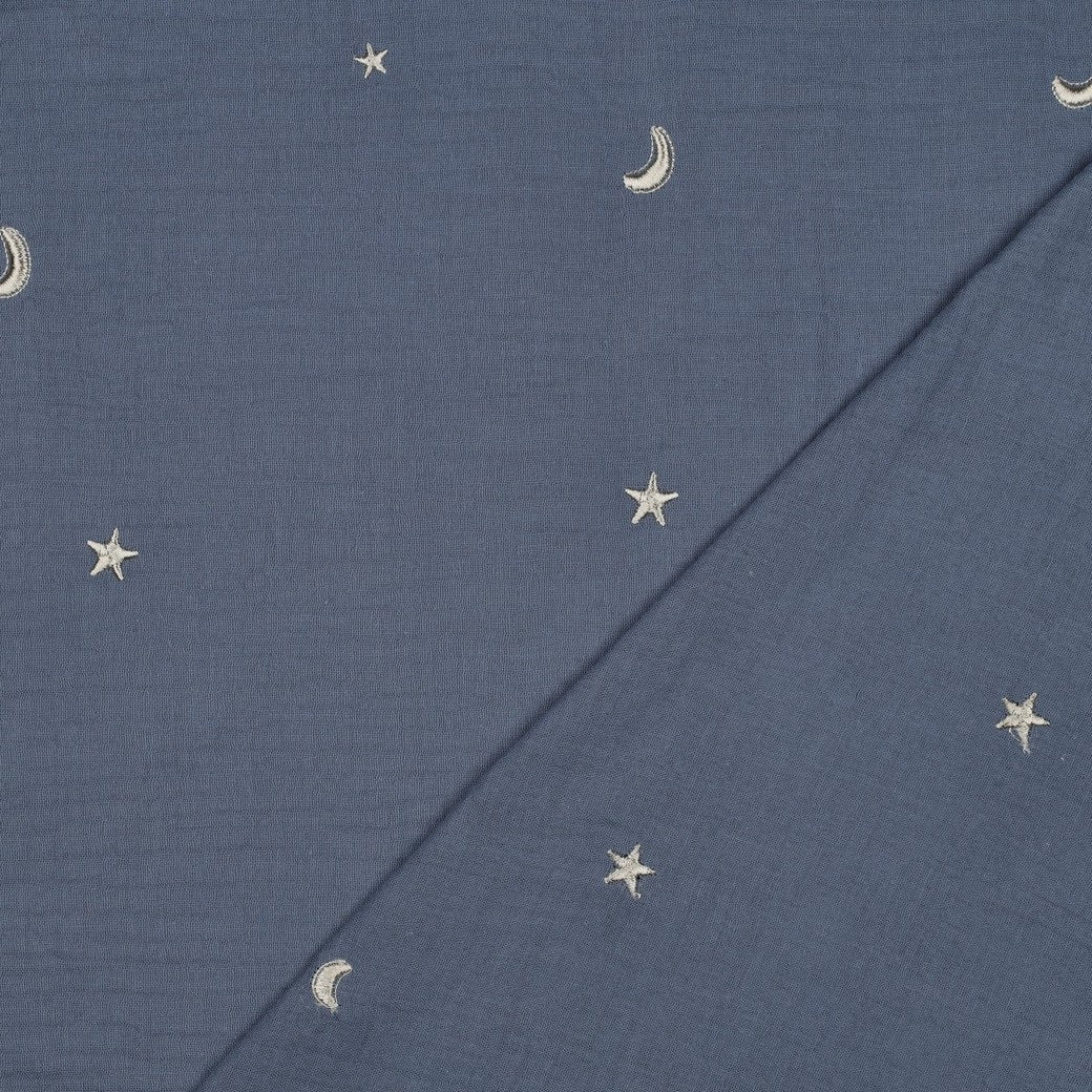Mond & Sterne – Kuschelige Musselin-Decke in Jeansblau